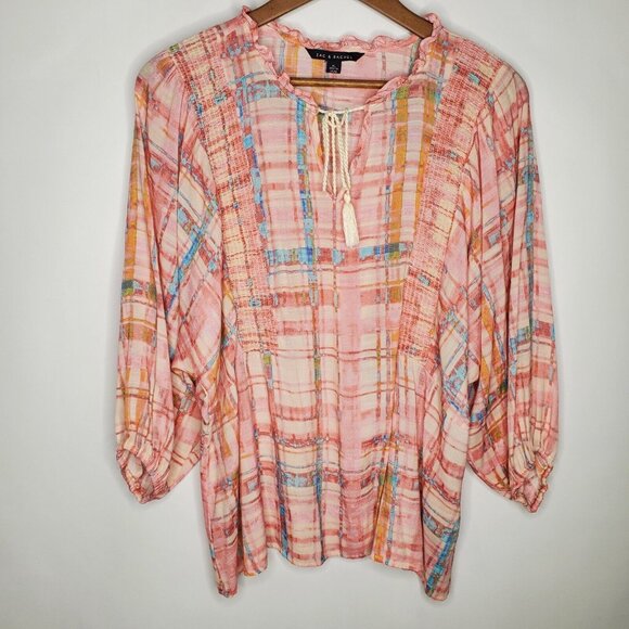 Zac & Rachel Tops - Zac & Rachel Womens Pink Plaid Blouse Size XL Smocked Tie Ruffled Neck Peasant